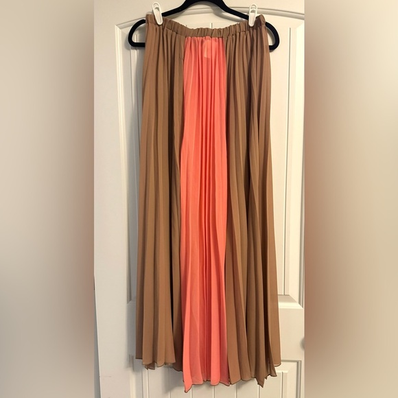 Full Length Maxi Sheer Taupe & Coral Pleated Elastic Waist Skirt - Picture 1 of 8